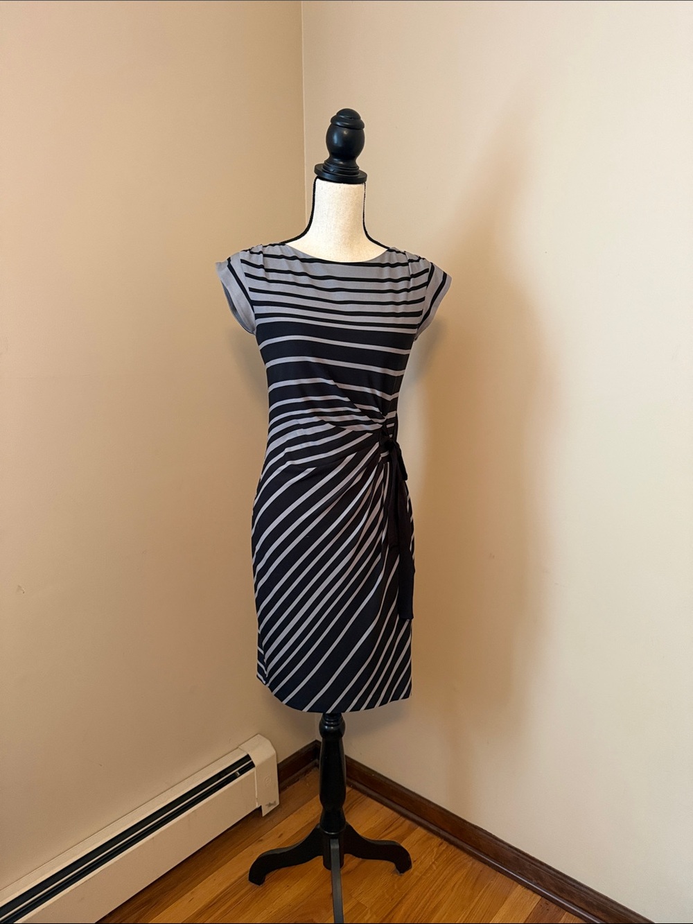 Just...Taylor Black and Gray Striped Side-Tie Midi Dress